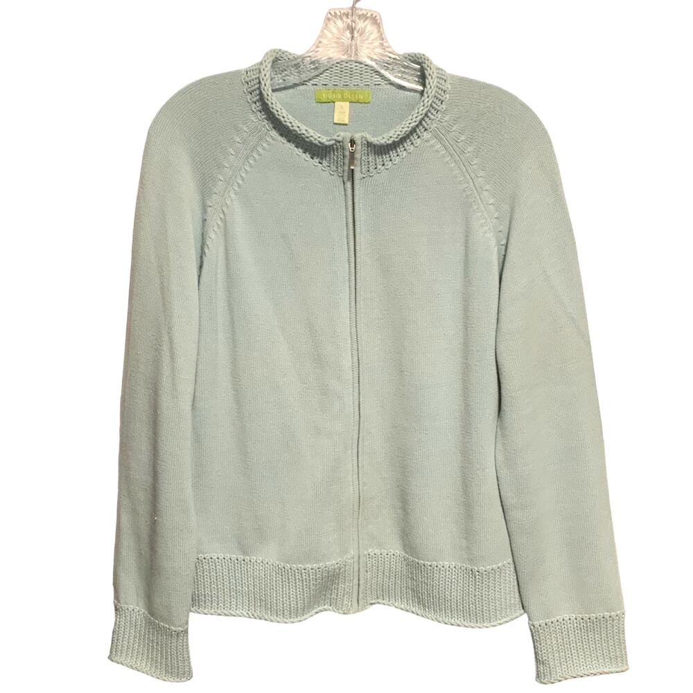 Women's SIGRID OLSEN Sz L Sweater Pale Blue Pastel Cardigan Cottage Core Raglan